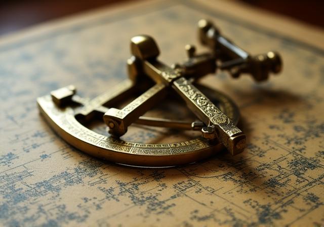 Sestante antico in ottone su una mappa nautica ingiallita