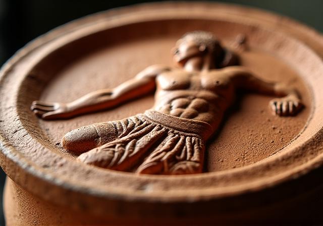 Dettaglio di un'antica lucerna romana in terracotta con decorazioni a rilievo